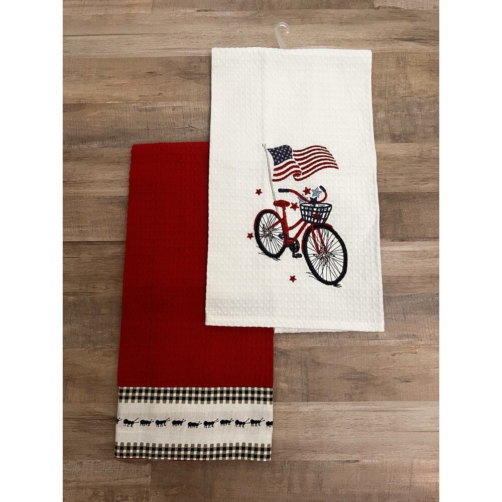 Patriotic Kitchen Towels Set 2 Red White Bicycle American Flag‎ Picnic July 4th